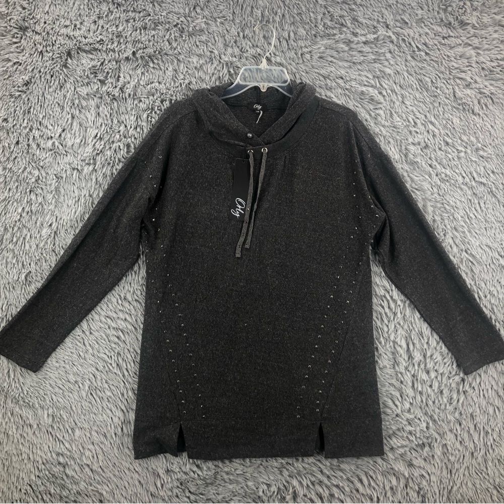 Orly Pullover Hoodie Womens Large NWT Grey Studded Hooded Top